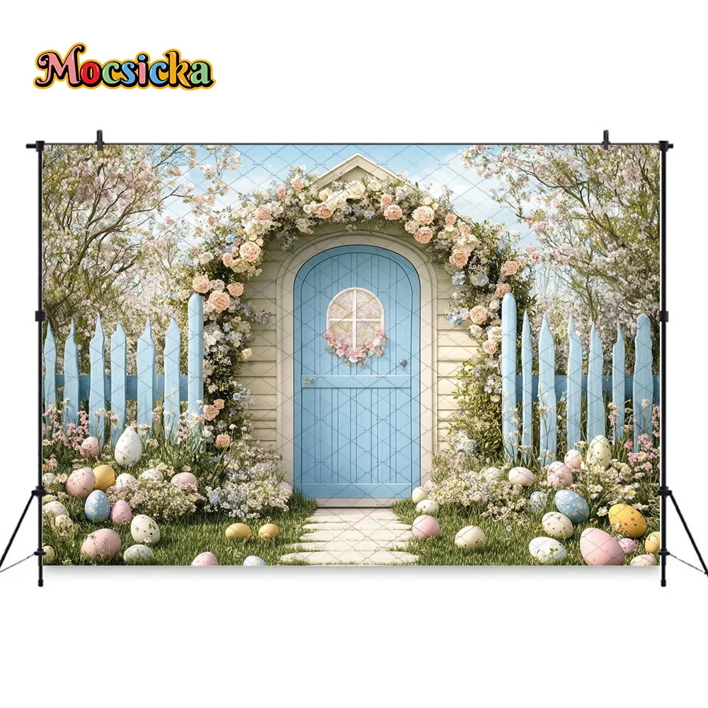 Mocsicka Spring Easter Backdrop Photography Blue Door Floral Arch Colorful Egg Background White Fence Garden Decor Photobooth