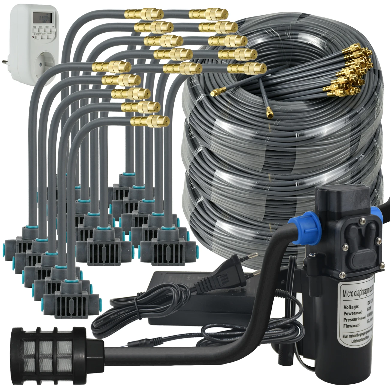 5M-30M Garden Misting Cooling System Self-Priming Pump Timer Automatic 360° Felxiable Watering Irrigation Kit Balcony Greenhouse