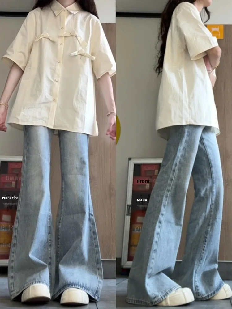 

Light Blue High Waist Bell Bottom Jeans Women's Summer Loose Wide Leg Hoof Pants Casual Fashion Ladies Jeans