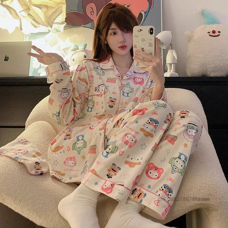 Sanrio Hello Kitty Full Printed Cute Cartoon Sleepwear Japanese Style Loose Casual Home Suit Set Women\'s New Long Sleeve Pajamas