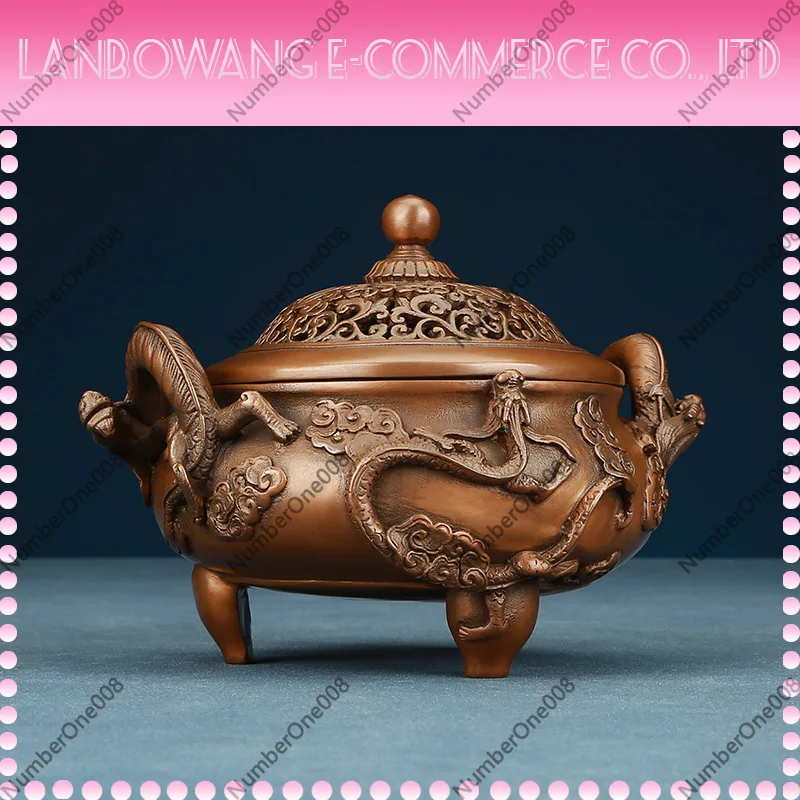 Purple Copper Incense Burner Dragon Censer for Home Office Desk Round Feng Shui Ornament for Coil Stick Incense