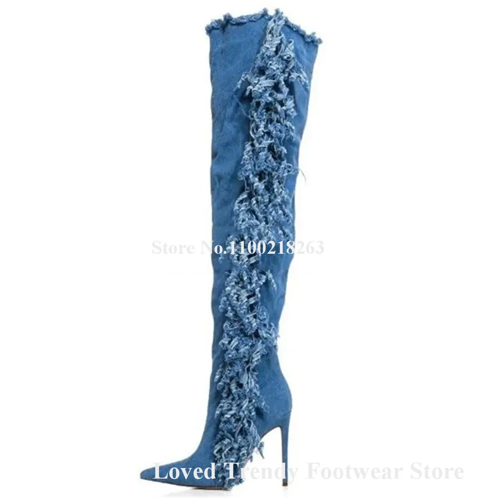 Charming Style Blue Denim Side Fringes Stiletto Heel Over Knee Boots Pointed Toe Tassels Thin Heel Long Boots Big Szie