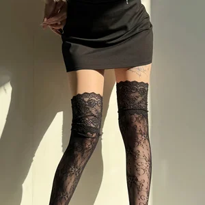 1 Pair Women's Over-Knee Socks with Floral Lace Trim Net Design for Boots Dresses Jeans - Vintage Style view 6