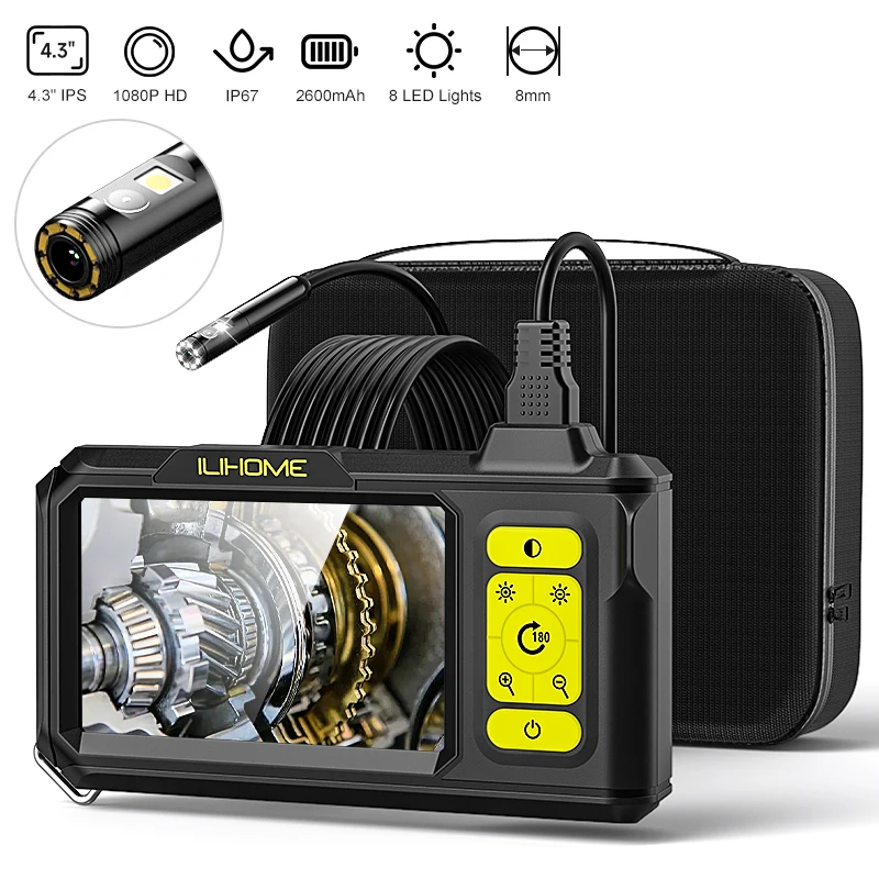 4.3'' IPS Endoscope Dual 8mm Camera 1080P 5M Rigid Cable Detachable Design Borescope Waterproof with Tools Bag Inspection Piping