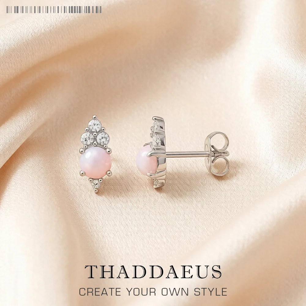 

Studs Earrings Pink Stone Europe Style Fine Jewerly For Women Vintage Gift In 925 Sterling Silver