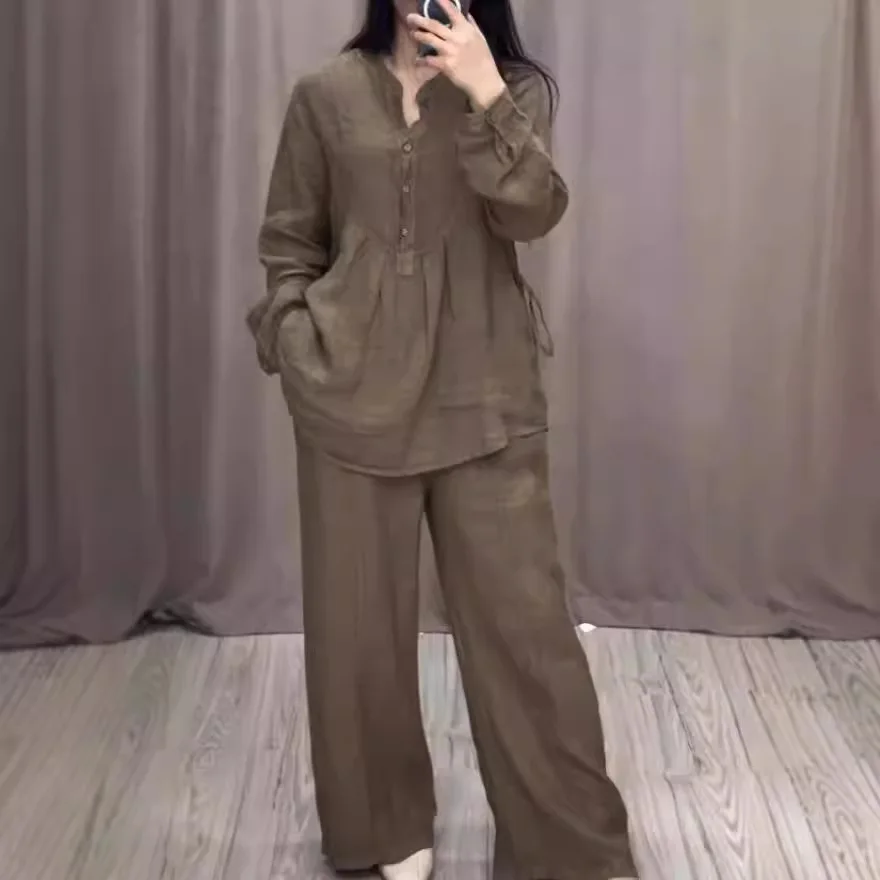 

2025 European and American Autumn New Fashion Cotton and Linen Long-sleeved Semi-open Casual Wide-leg Pants Suit