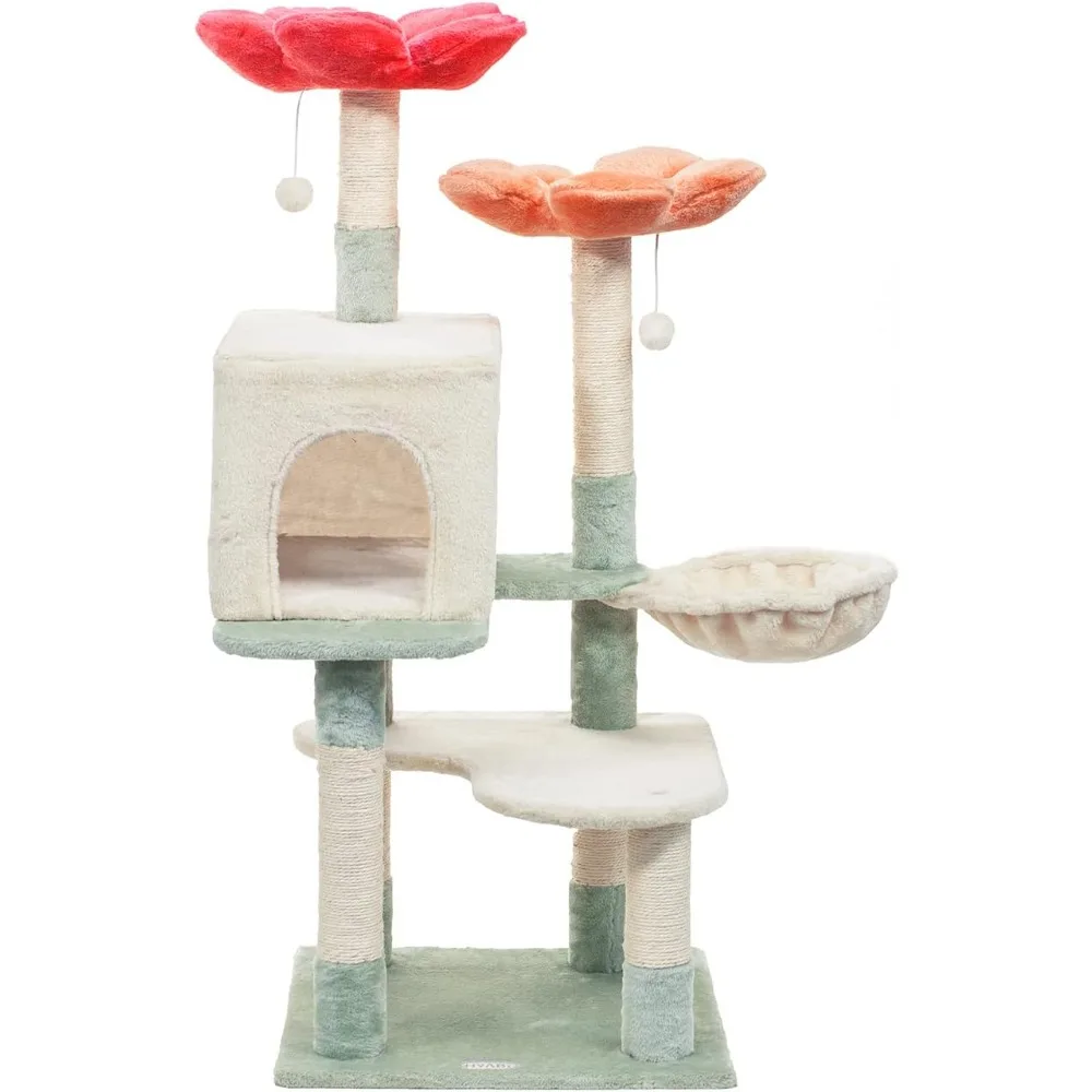 48in Hanging Basket Flower Plush Habitat Kitten Amusement Platform with Scratch Posts Toy Ball Pet House Play (Large 48