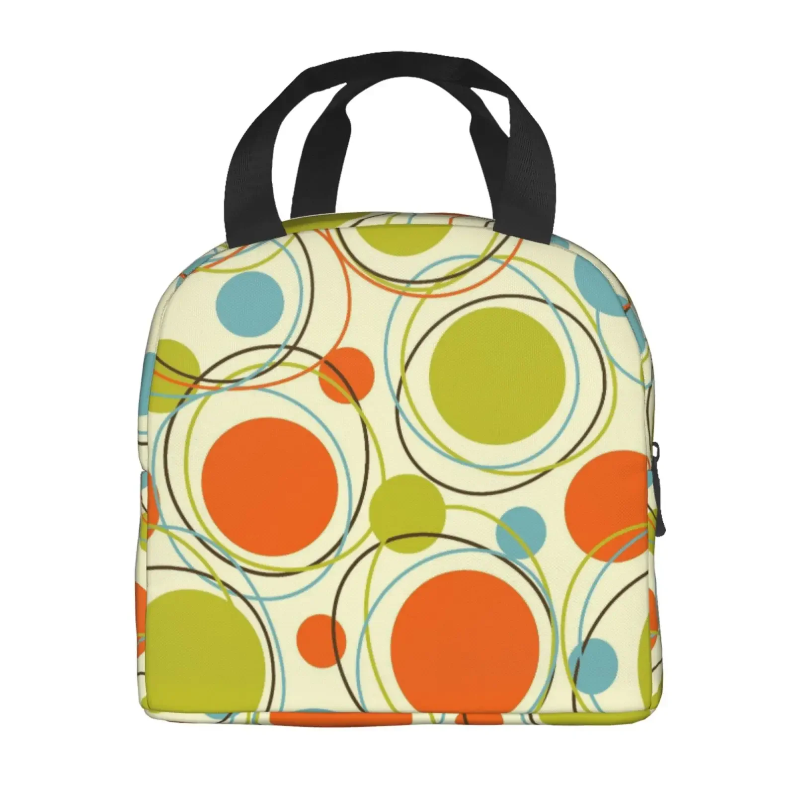 Retro 80S 90S Mid Century Circle Print Lunch Tote Bag Insulated Leakproof Lunch Box Container with Front Pocket for Girls Boys