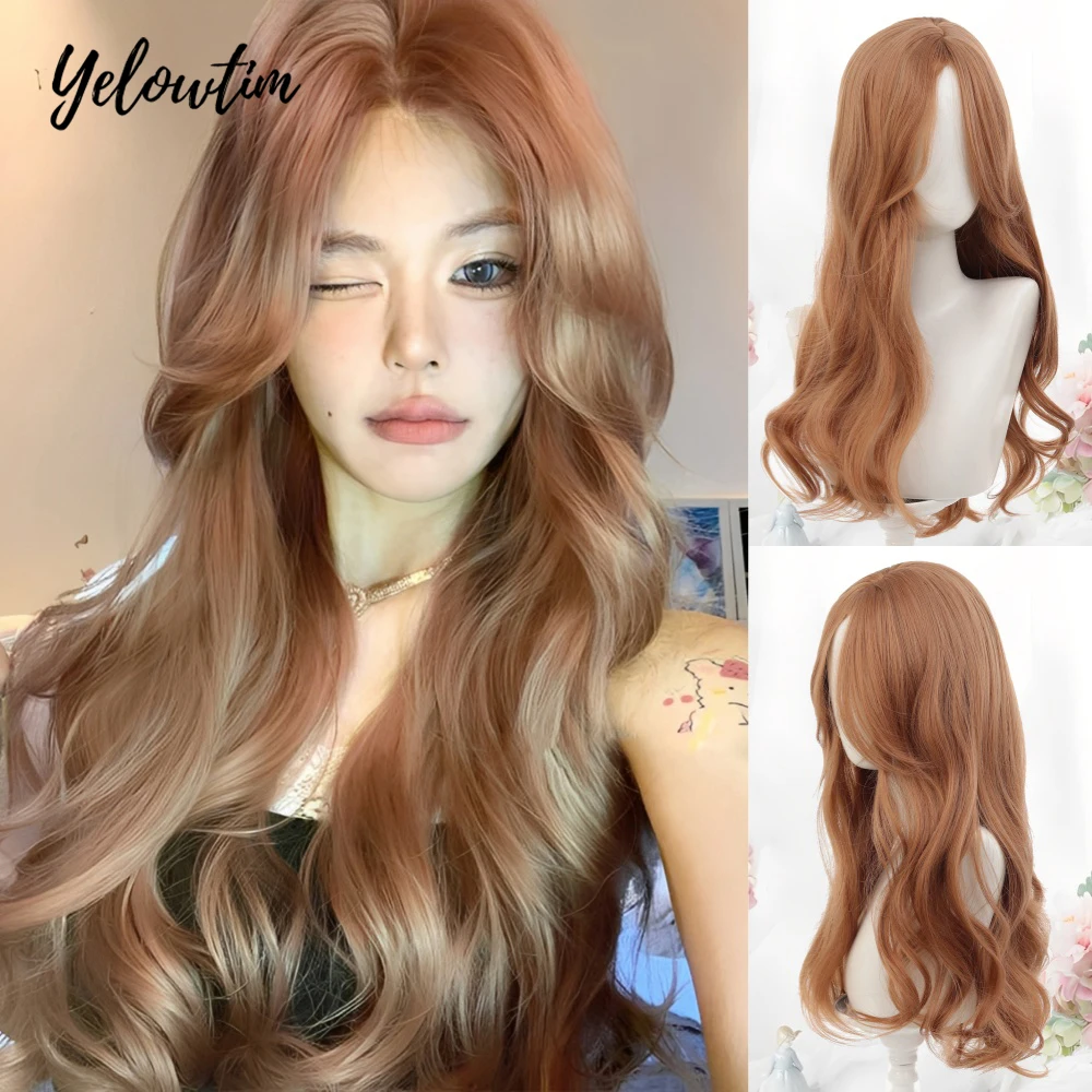

Synthetic Blonde Brown Long Wavy Wigs with Bangs Lolita Cosplay Halloween Natural Wave Hair Wigs Heat Resistant for White Women