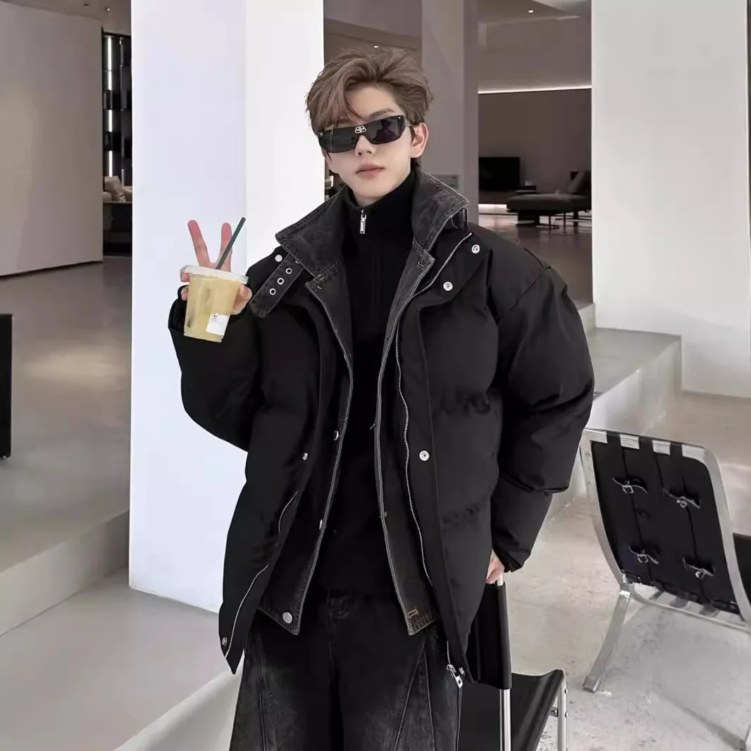 

2025 Autumn Winter Fashion Men's Black White Casual Trendy Stand Collar Long Sleeve Spliced Denim Jackets Male Clothes Parkas