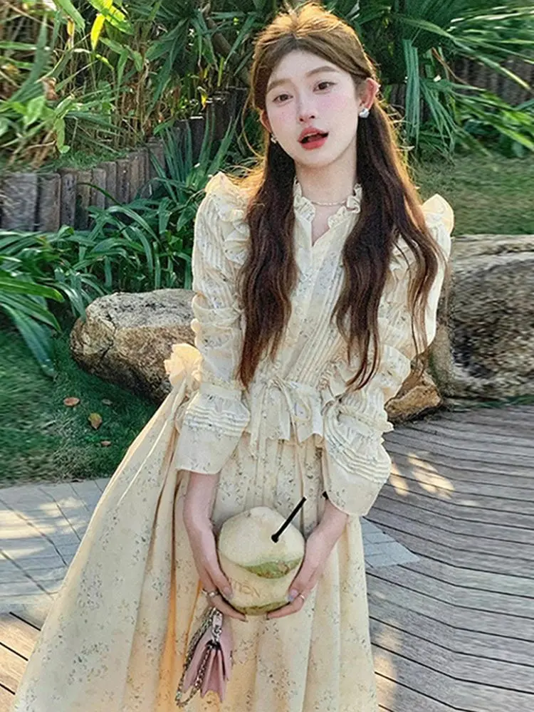 

Korea Women Ruffle Edge Lace Up Little Yellow Fragmented Flower Dress Spring New Holiday Style Elegance Long Dresses