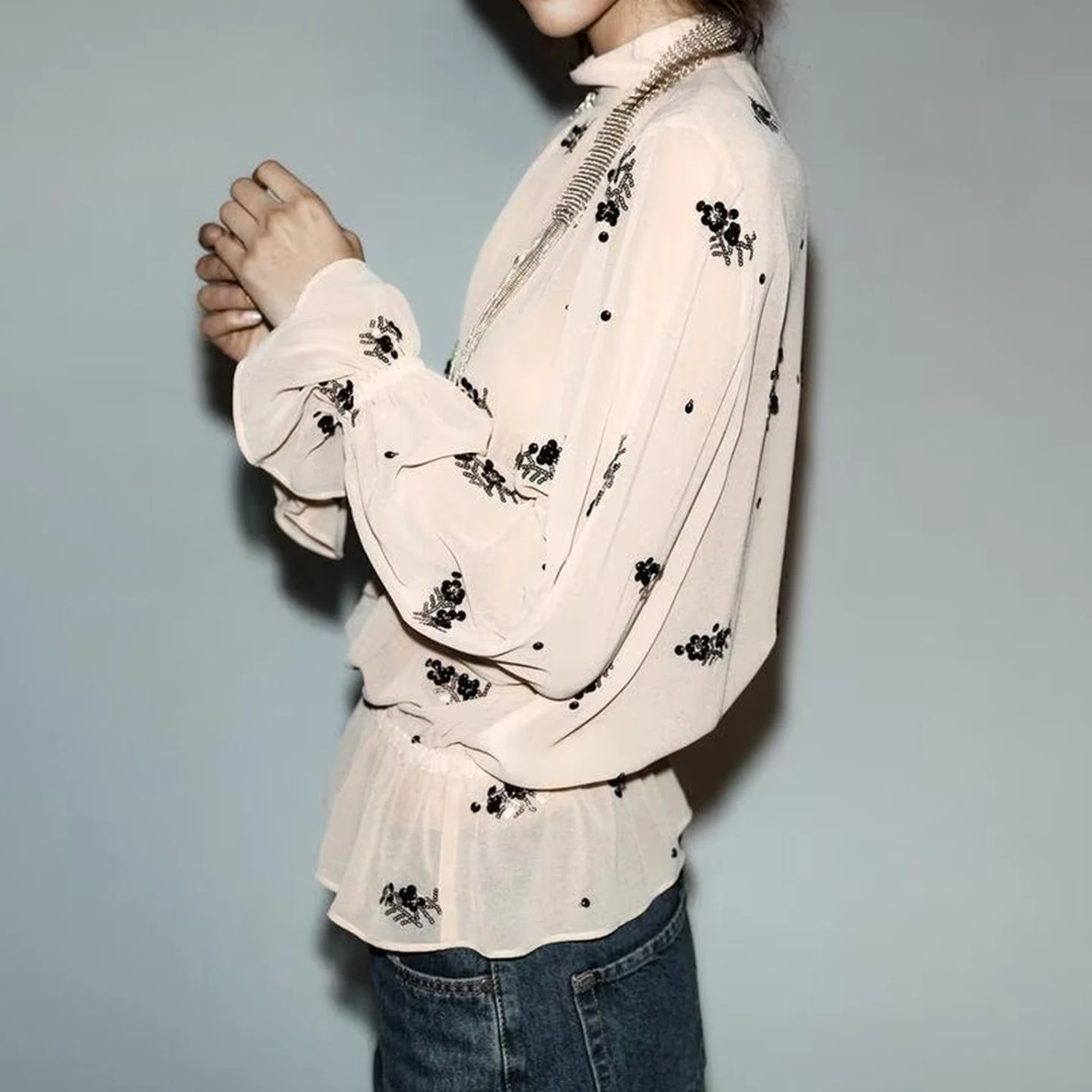 Perlina traslucida irt Versatile Abbigliamento quotidiano 2025 Autunno Nuovo Sle Donna Vestibilità ampia Lunga Sve Paillettes luminose Pendolari Sle