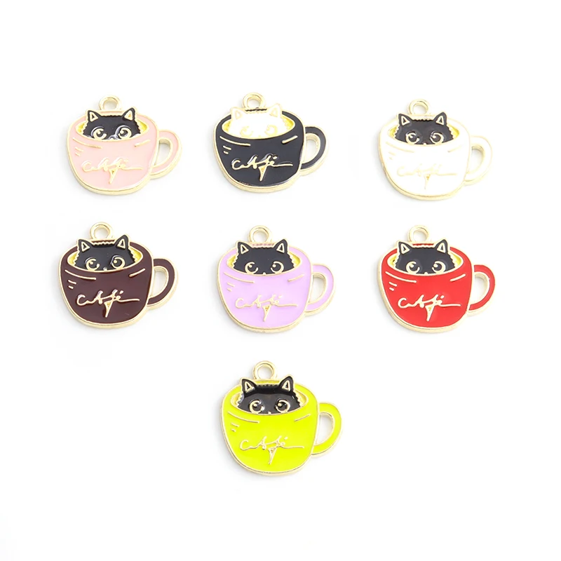 10pcs Ins Style Cute Coffee Cup Cat Enamel Charms DIY Couple Trinkets Necklace Bracelet Earrings Kawaii Teacup Cat Alloy Pendant