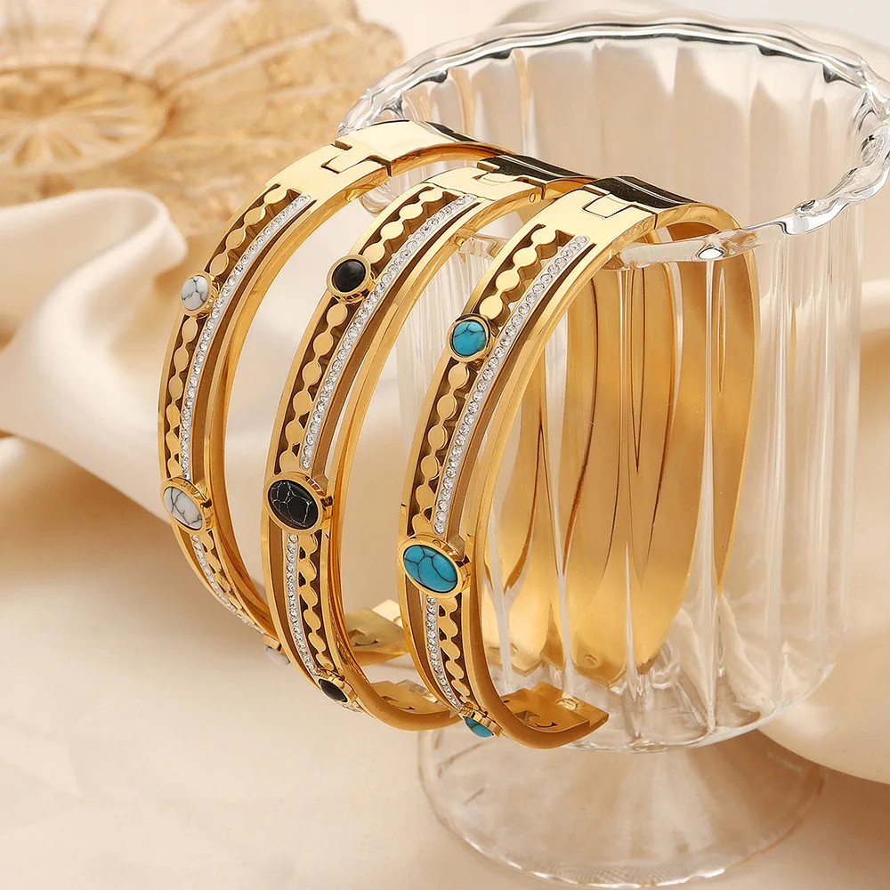 Inlaid Turquoise Stainless Steel Bracelet For Women Gold-Plated  Hollow Women\'s Hand Bracelets Simple Elegant Geometric Bangle