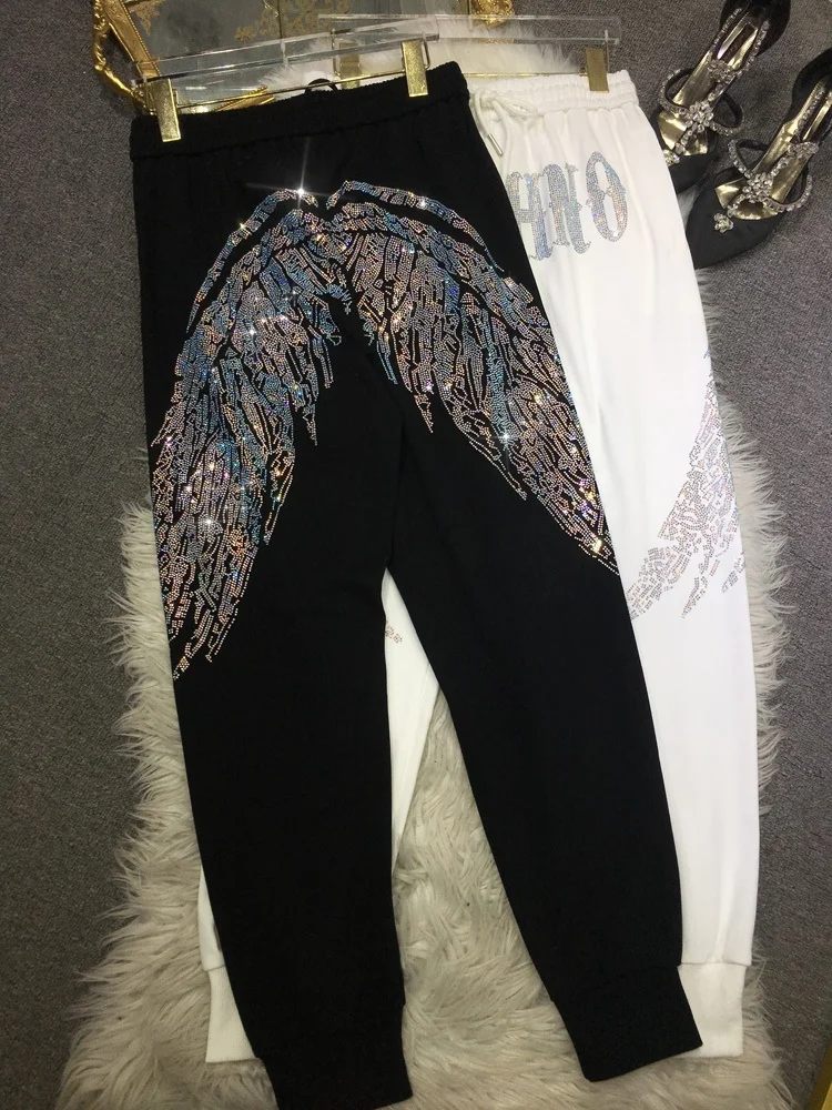 Hot Drilling Luxury Women Sweatpants Back Big Wings Out Wear Long Trousers Black Elastic High Waist Harem Pants Streetwear