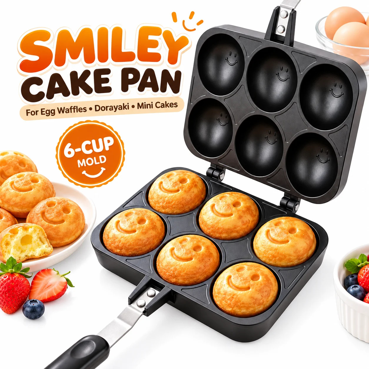 Uwhise Double Sided Dorayaki Maker 6 Hole Cute Smiley Pancake Mold Food Grade Non Stick Baking Pan Gas Cookware