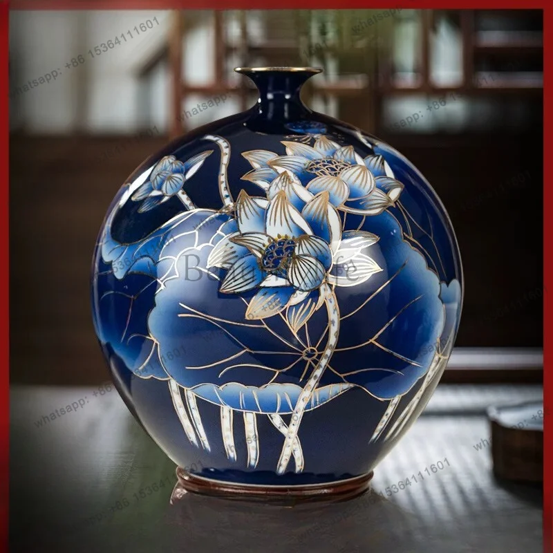 Hand-painted gold-painted blue and white porcelain flower arrangement pomegranate vase ornament Jingdezhen ceramic vase