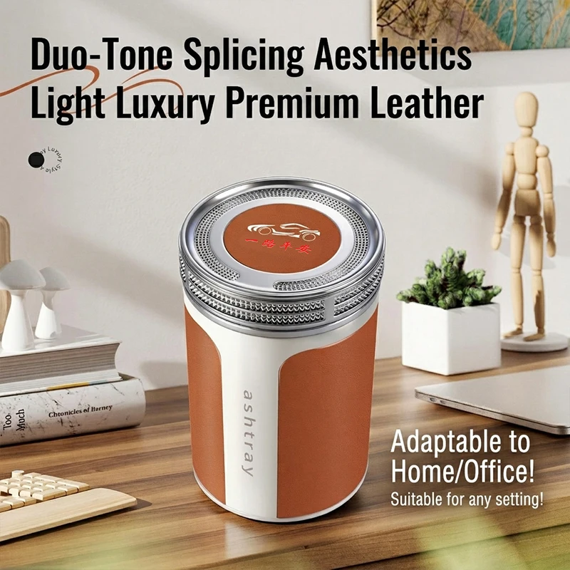 Car Ashtray with Leather Surface and Ceramic Inner Liner, Luxury Sealed Design to Prevent Odor and Ash Dispersion view 5