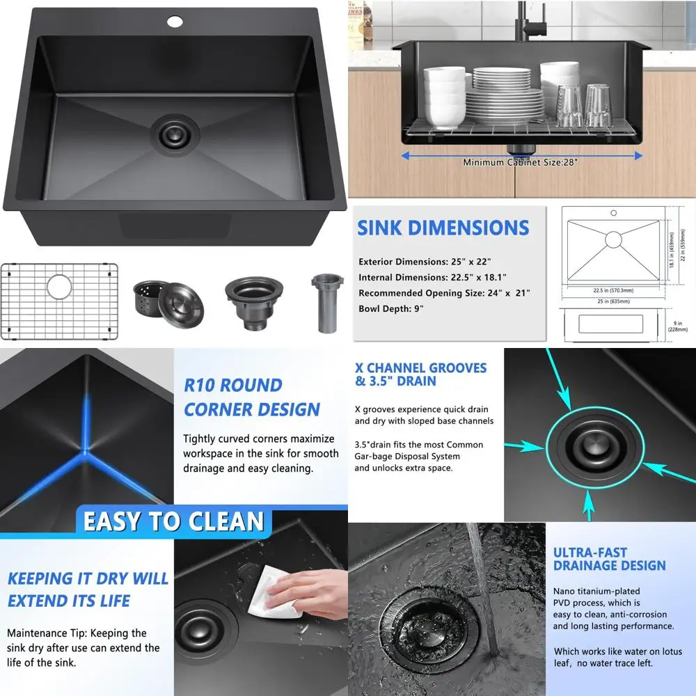 

Stainless Steel Single Bowl Kitchen Sink - 25x22 Inch Deep, Gunmetal Black, 18 Gauge, Top Mount Design