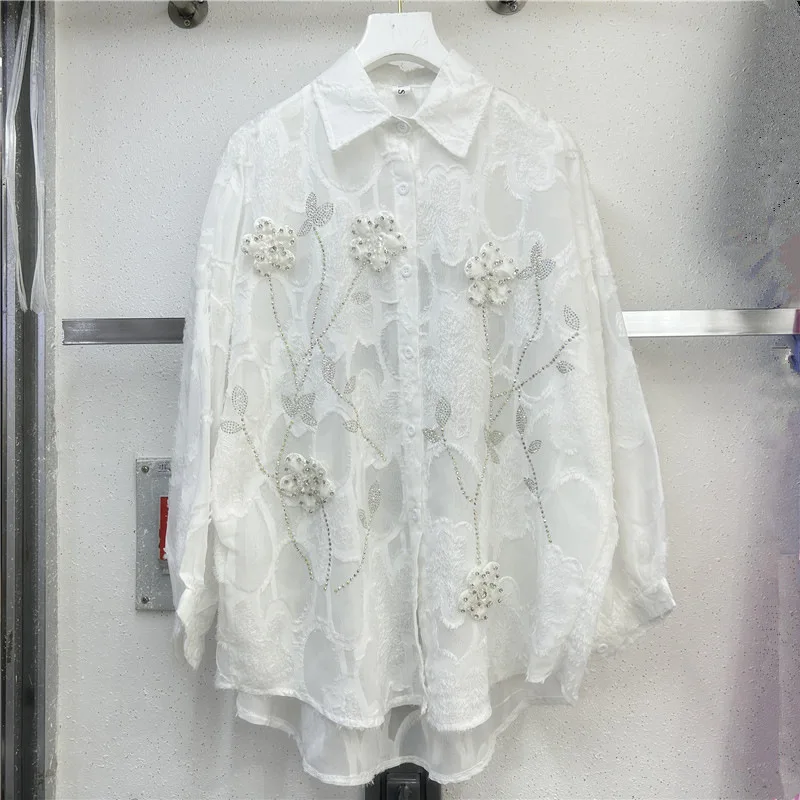 Women's Spring Autumn Shirt Chiffon Blouse Jacket Diamond Embroidery Flower Outfit Design Soft Brand Simple Fashion Comfortable