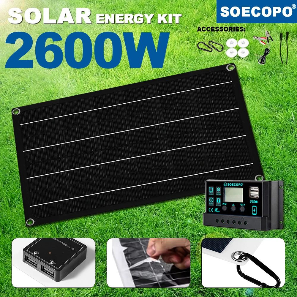 2600W Solar Panel Kit with Controller Camper Accessories for Camping 5V1.5A USB Solar Energy Kit Phone Charge Portable outdoor