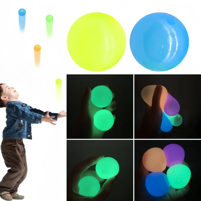 6pcs Luminous Wall Target Ball Sucker Sticky Ceiling Ball DecompressionToys Squeeze Ball For Kids Adult Colorful Rubber Balls