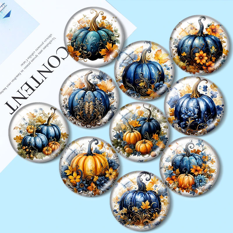 Watercolor blue pumpkin 12/18/20/25mm glass cabochon  bracelet pendant rings for jewelry demo earrings back Making findings