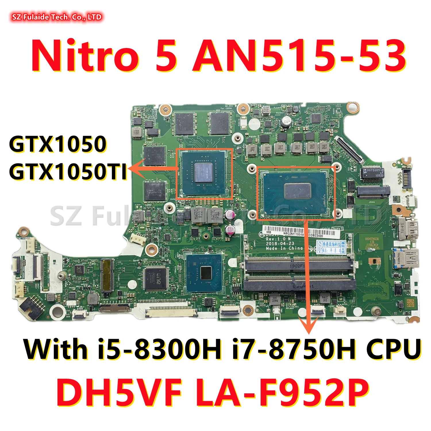 DH5VF LA-F952P For Acer Nitro 5 AN515-53 Laptop Motherboard With i5-8300H i7-8750H CPU GTX1050 GTX1050TI 4GB GPU NB.Q3M11.002