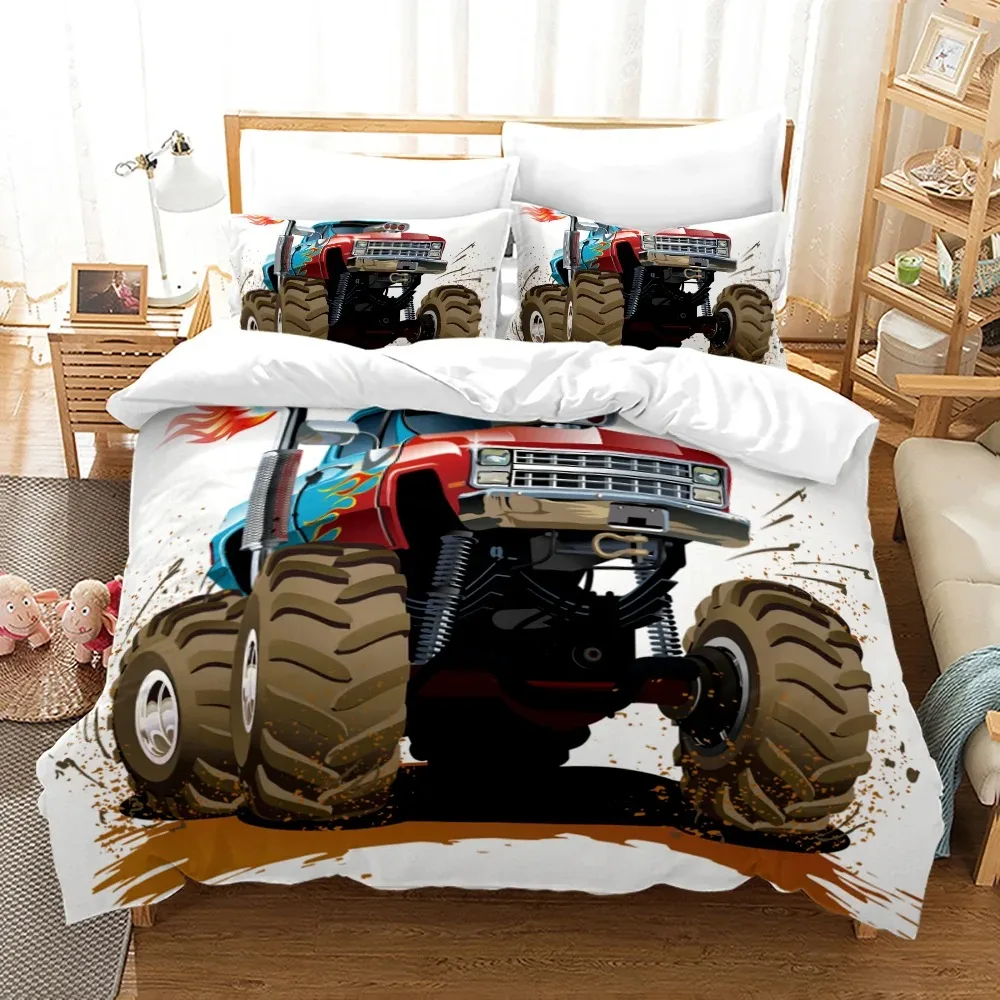 مجموعة مفروشات Monster Truck، مجموعة غطاء لحاف الشاحنة، غطاء لحاف شاحنة بيك اب Monster الأزرق للسيارات، غطاء وسادة من البوليستر