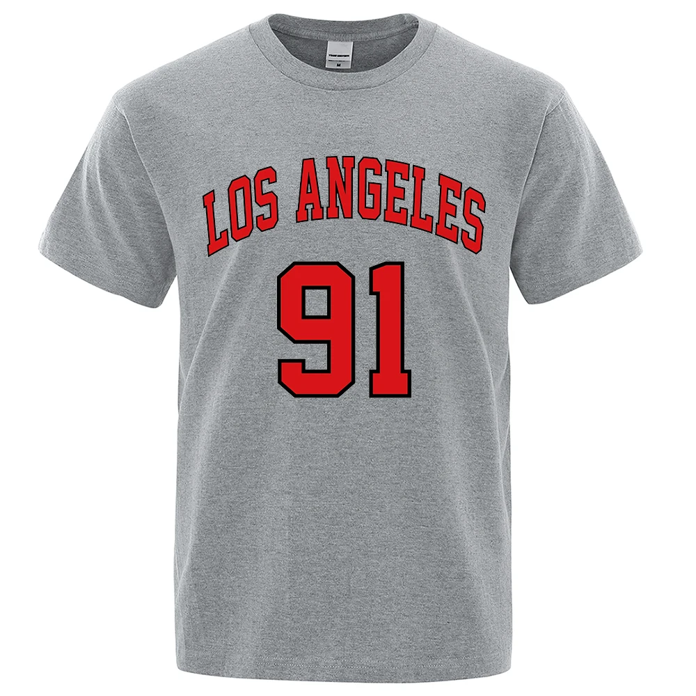 Los Angeles 91 Team Uniform Letter Printed USA City T-Shirts Men Summer Loose Short Sleeve Cotton Breathable Oversized T Shirt