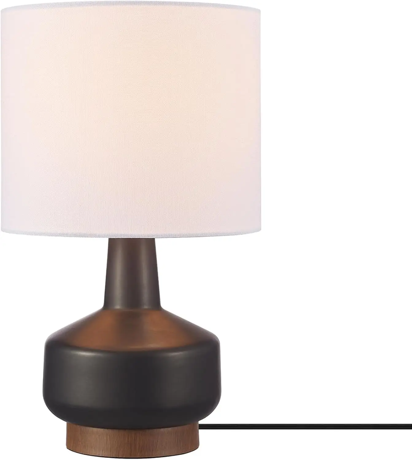 

15" Ceramic Table Lamp with Matte Black Base, Wood Accent & White Linen Shade, Dual Switch for Modern Bedroom or Office