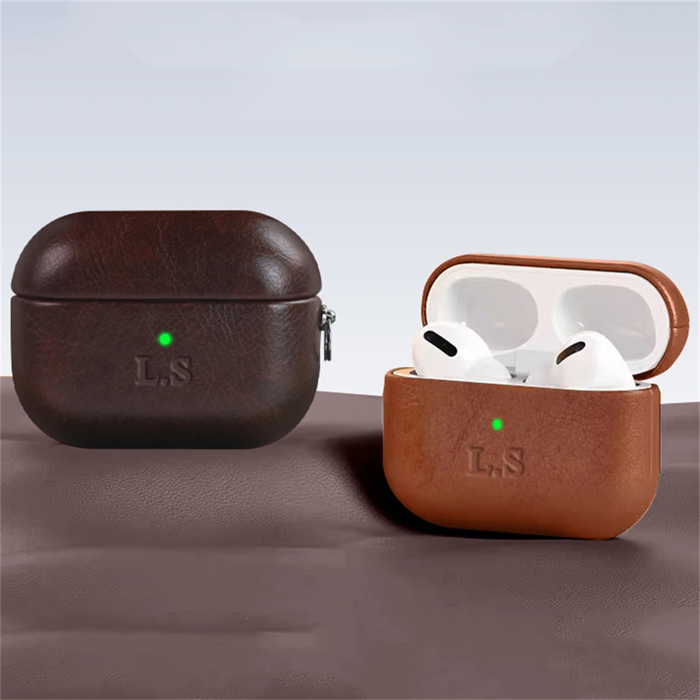 Oil Wax Cowhide Earphone Case For Airpods Pro 3 2 1 Pro 2 Luxury Leather Personalized Initial Letters Customize Colorless Letter