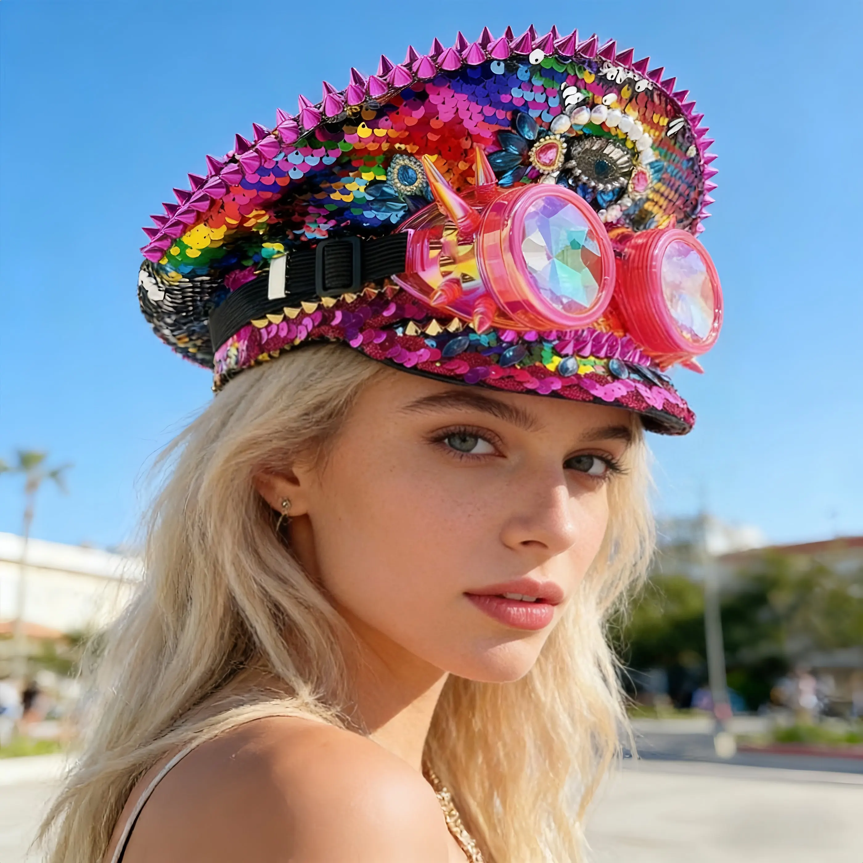 

HongLuan Carnival Disco Mardi Gras Captain Hat Rhinestone with Goggles for Music Festival Woman, Rave Festivals Accessories