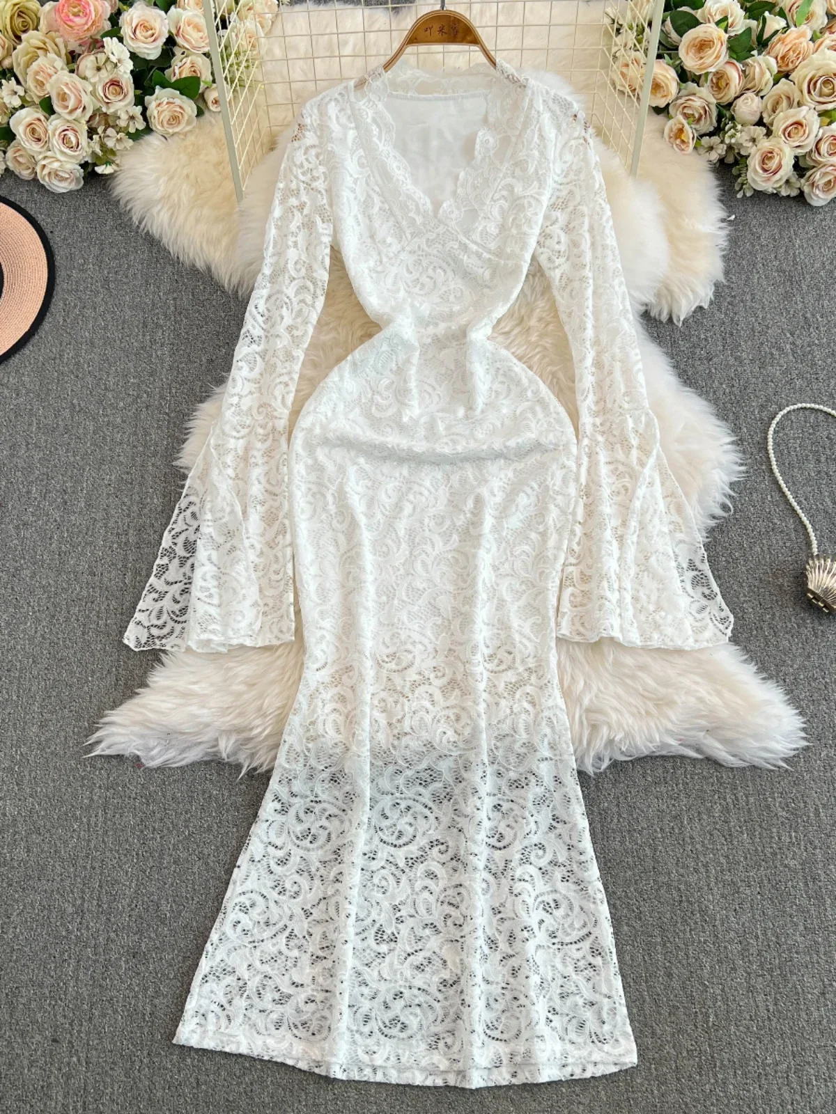 Foamlina Sexy Perspective Lace Long Dress Women's 2024 New Autumn Horn Sleeve Slim Long European and American Dresses