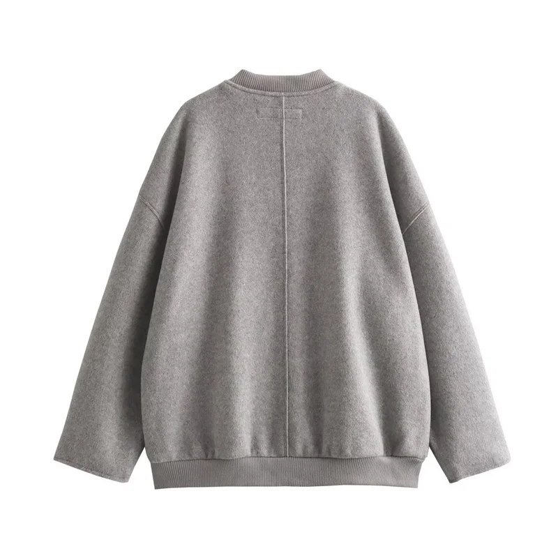 KEYANKETIAN Autumn New Women\'s Light Gray Loose Bomber woolen Jacket Cropped Coat Fashion Single Breasted Pockets Outerwear TOP