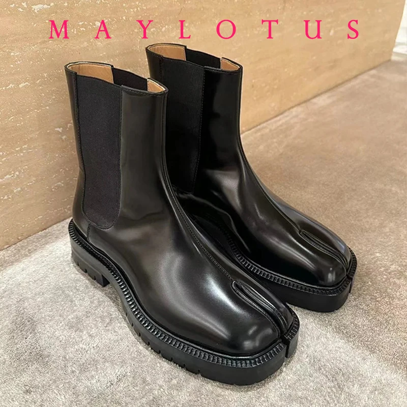 2025 ريترو سبليت تو حذاء من الجلد براءات أحذية من الجلد تابي نينجا تشيلسي بوتاس موهير كعوب منخفضة Trotters الجوارب الشتاء #3