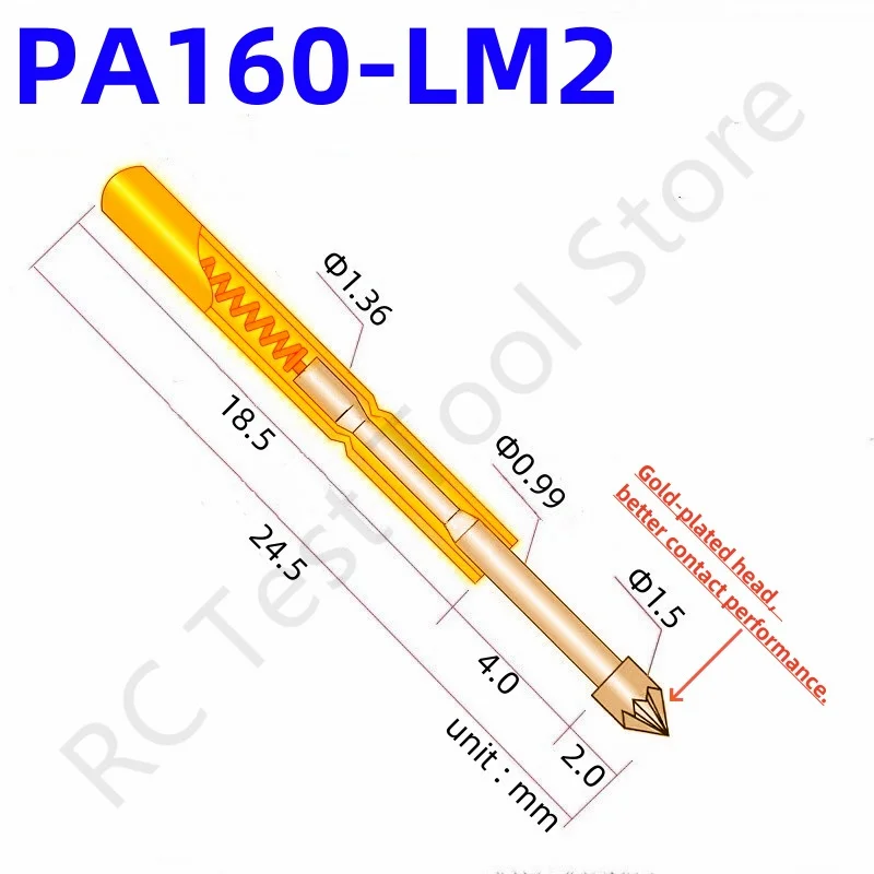 

100PCS PA160-LM2 Spring Test Probe PA160-LM Test Pin P160-LM2 P160-LM 24.5mm Needle Dia 1.36mm Pogo Pin Gold Head Dia 1.50mm