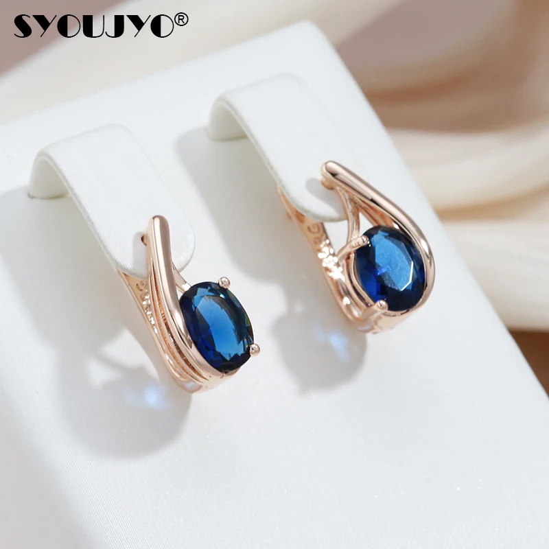 SYOUJYO Blue Natural Zircon Women Earrings Round Crystal 585 Rose Gold Color Piercing Clip Wedding Party Jewelry