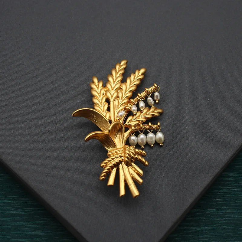 Used Freshwater Pearl Wheat Ear Brooch - Matte Gold, Solid Gold Jewelry - Minimalist and Versatile Style view 2