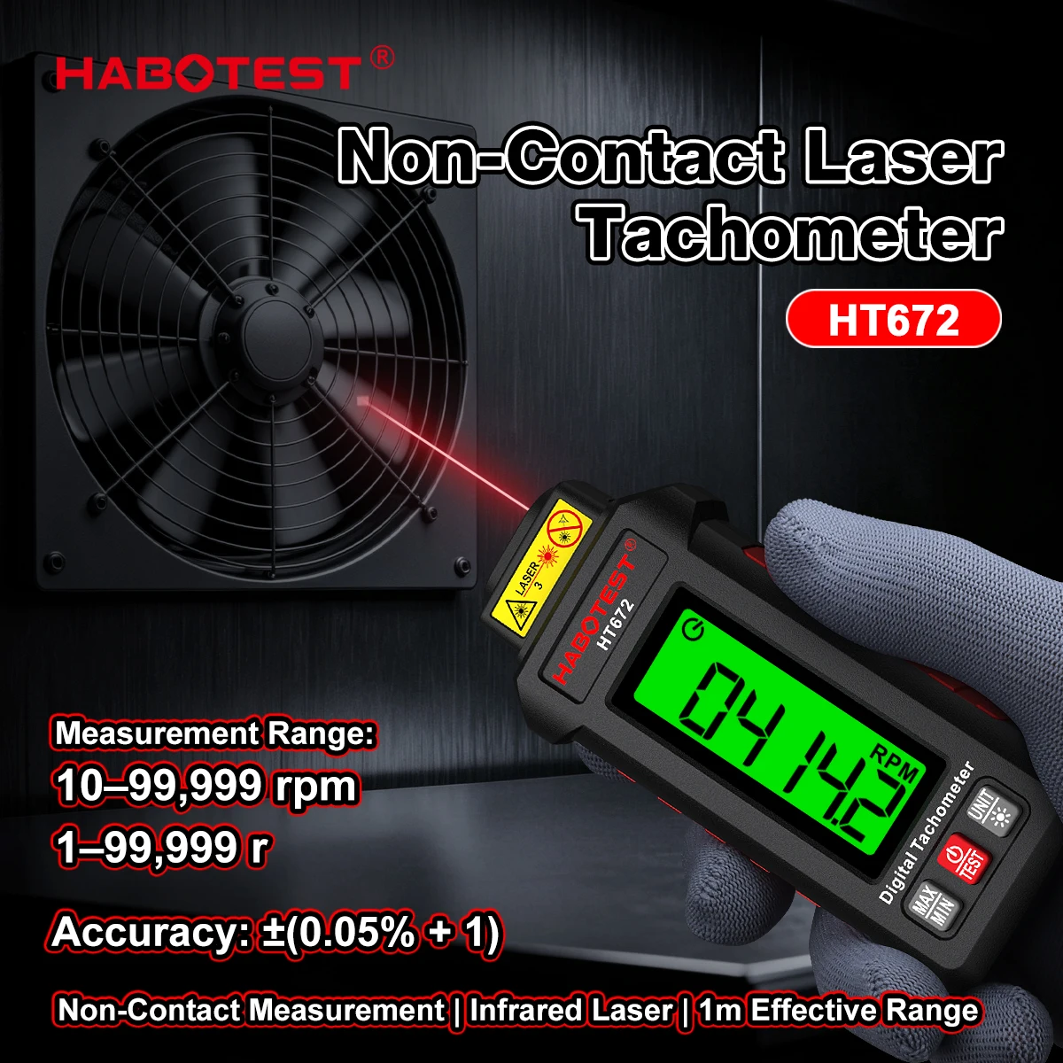 HABOTEST HT672 Mini Digital Laser Tachometer Non-Contact Tachometer RPM Range 10-99999RPM Tachometer Odometer Backlight
