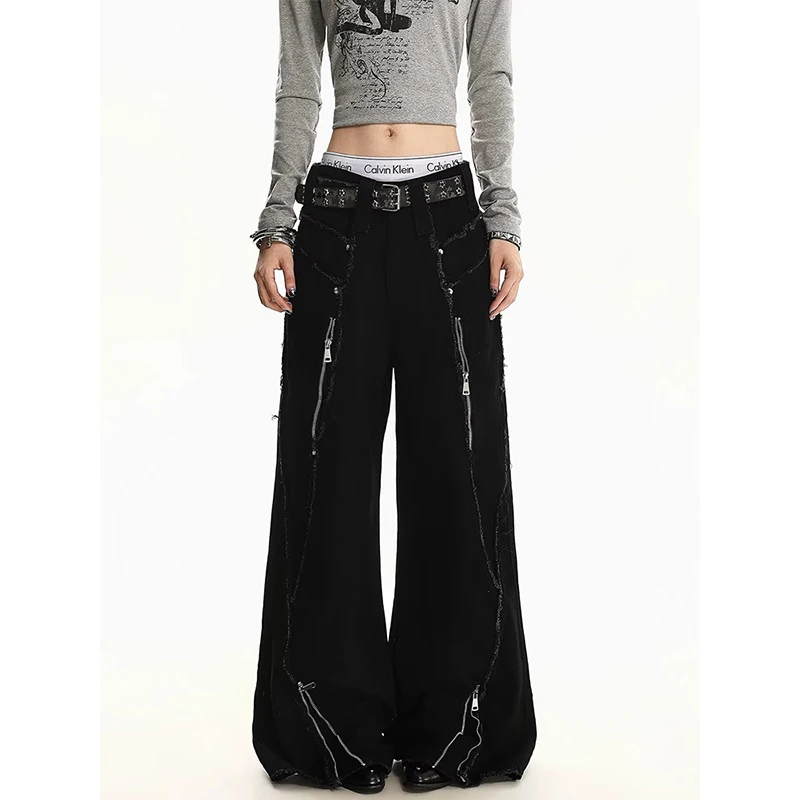 2026 Heavy Raw Fringe Zipper Patchwork Jeans For Women High Waist Wide Flare Leg Vintage Street Casual Denim Trousers