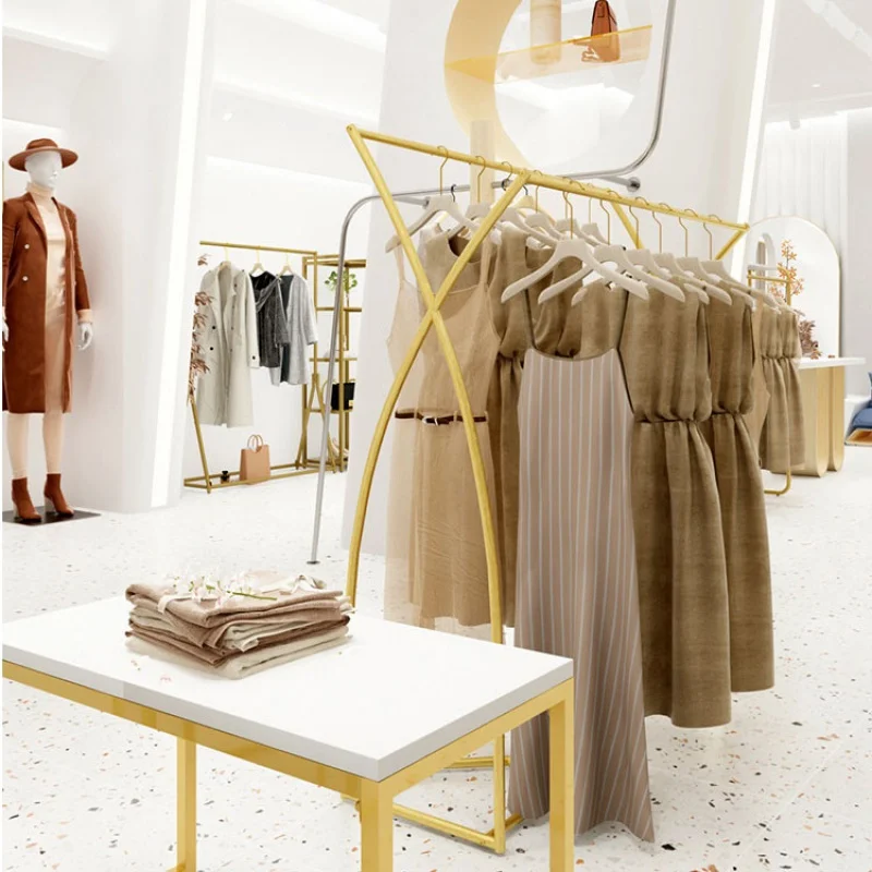 Custom, Custom Shopping Mall Gold Clothing Display Stand Retail Garment Store Metal Hanging Rack Shelf