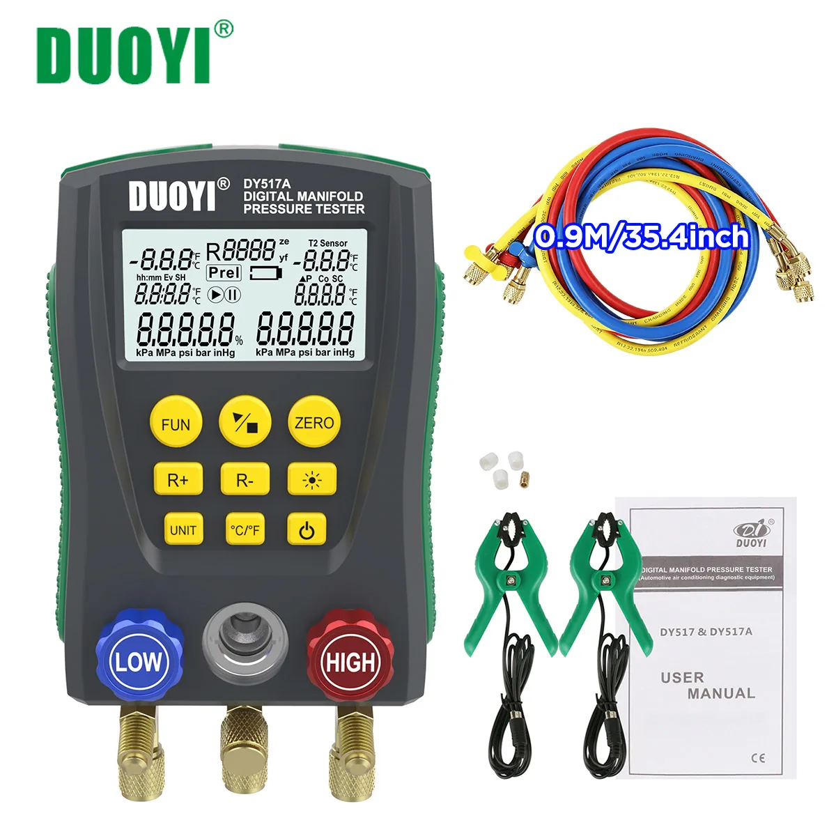 Image of DUOYI DY517A Digitales Kältetechnik-Manometer, Vakuum-Drucktester, HVAC-Klimaanlagen-Temperaturprüfgerät, Ventil-Werkzeugset, integriert für 89 Kältemittel, unterstützt Überhitzungs- und