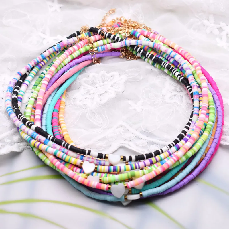 New Color  Boho Natural Shell Heart Beads Necklace 4mm Color Soft Polymer Clay Beads Choker Necklace Beach Jewelry Gift