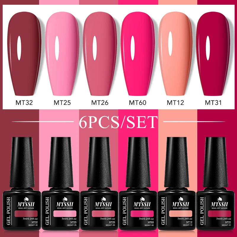 Mtssii 6PCS/SET Zestaw do lakierów do paznokci różowy niebieski fioletowy Półtrwały lakier do paznokci UV Glue Base Top Coat Nail Art Kit