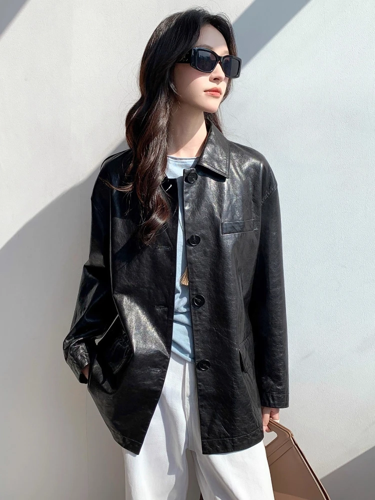Casual Genuine Leather Blazer Jackets for Women Spring Autumn 2025 New High-end Simple Soft Black Oil Wax Real Sheepskin Coat