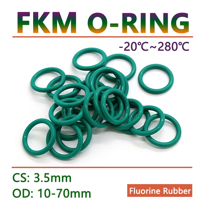 

Green FKM Fluorine Rubber O Ring Gasket Thickness CS 3.5mm OD 10-70mm O-Ring Seal Washer Oil and Acid Resistant