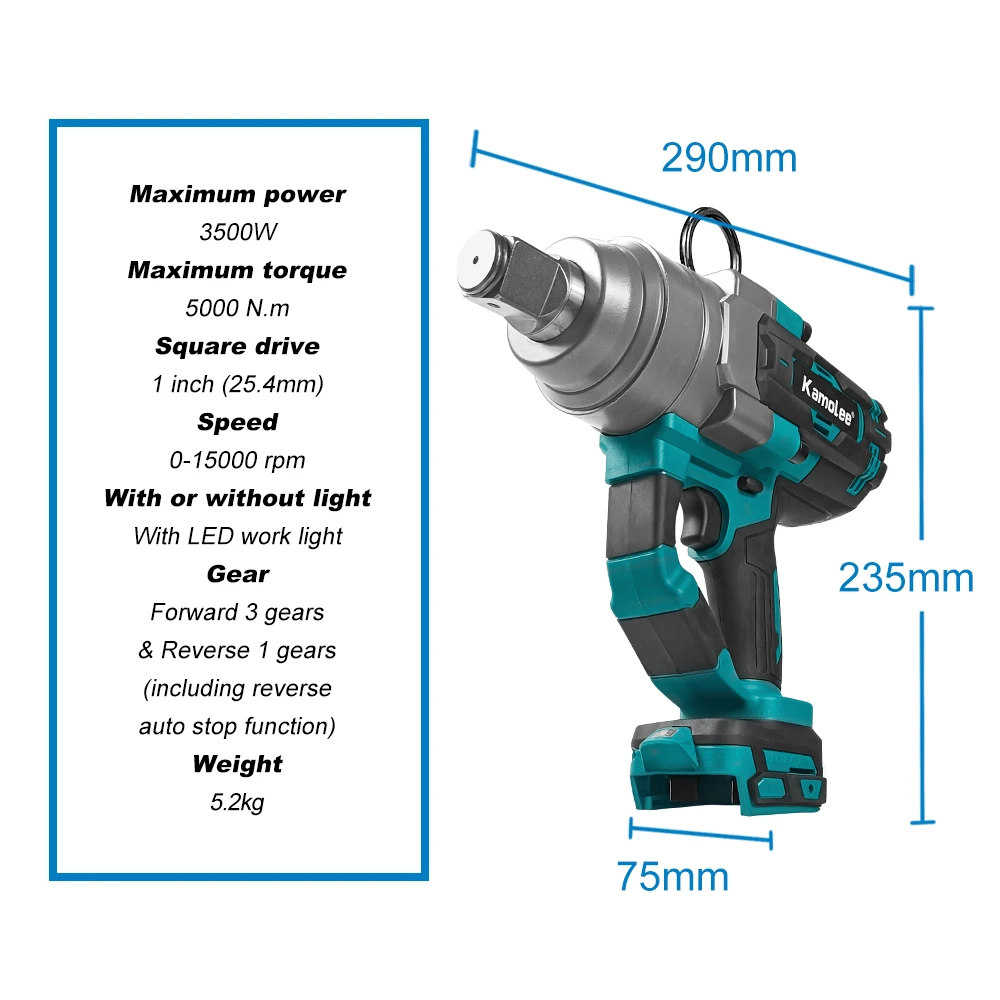 Kamolee 5000 N.M Torque 1 Inch Brushless Electric Impact Wrench Lithium-Ion Battery For Makita 18V Battery