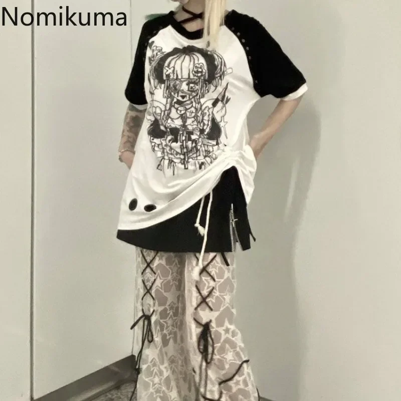 Y2k T Shirts Women Clothing Streetwear Bandage Short Sleeve Tees Fashion Japanese Camisetas Rivet Anime Print Sweet Tshirt Tops