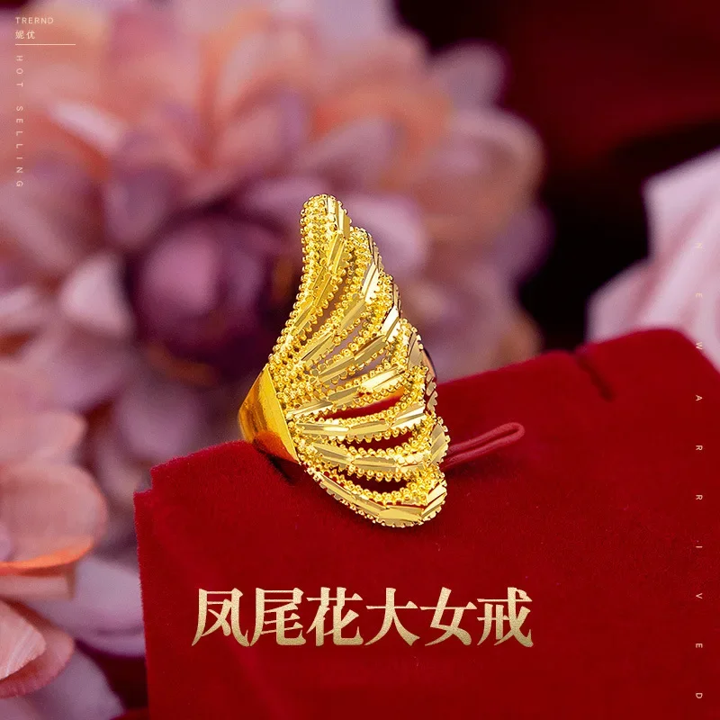 9999 Real Gold 24K Retro Women's Phoenix Tail Flower Big Women's Ring, Exaggerated Big Peacock Open Women's Ring Jewelry